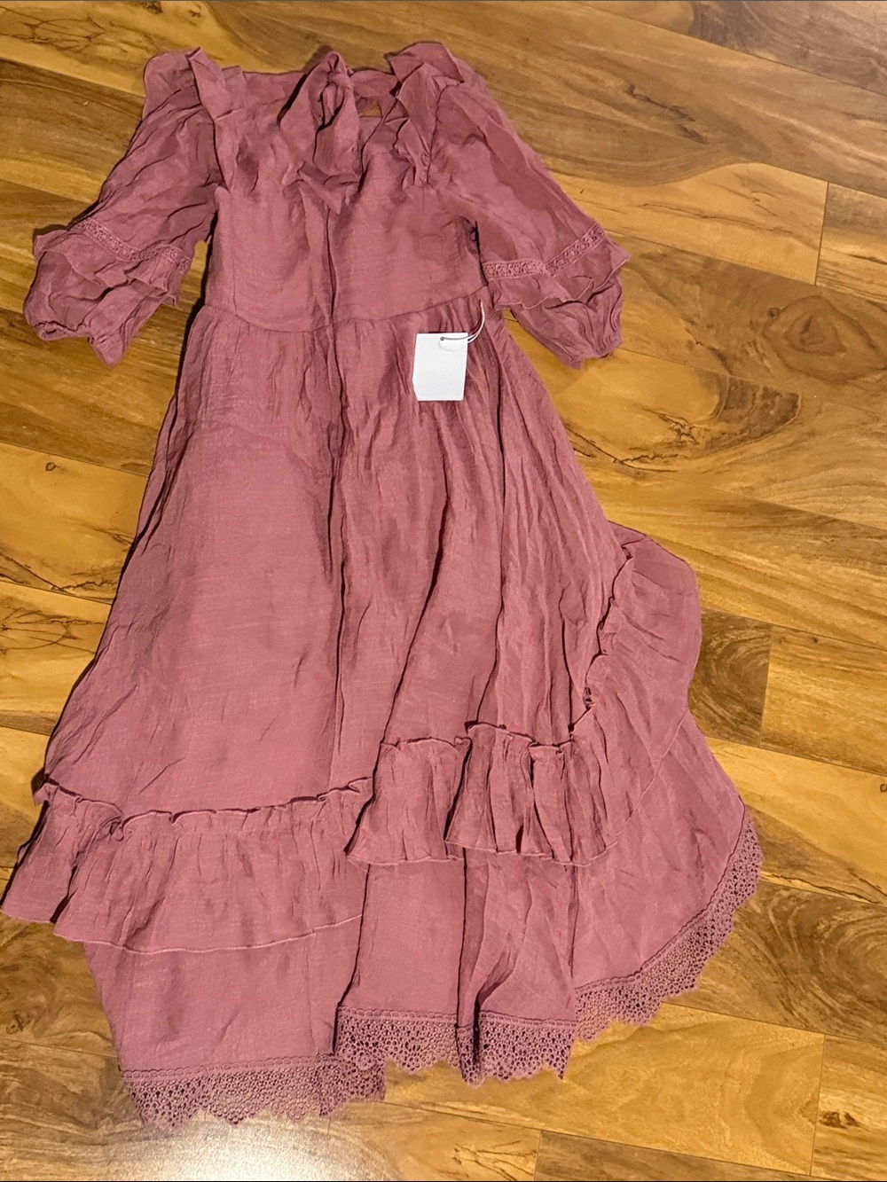Joyfolie Dusty Rose High-Low Ruffle Dress with Crochet Detail - Picture 2 of 2
